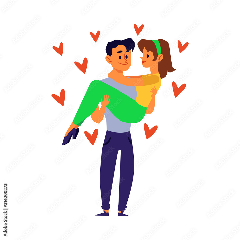 Happy couple in love - cartoon man holding woman in his arms Happy couple in love - cartoon man holding woman in his arms