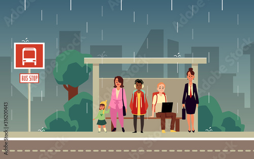 Cartoon people standing at city bus stop on rainy weather.
