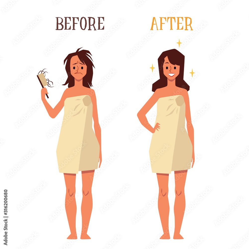 Woman before and after hair treatment flat cartoon vector illustration isolated. Woman before and after hair treatment flat cartoon vector illustration isolated.