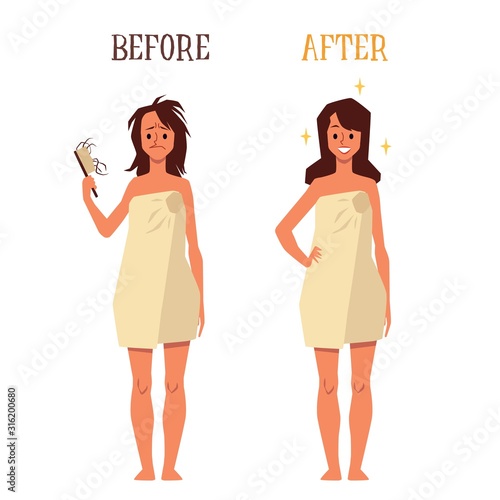 Woman before and after hair treatment flat cartoon vector illustration isolated.