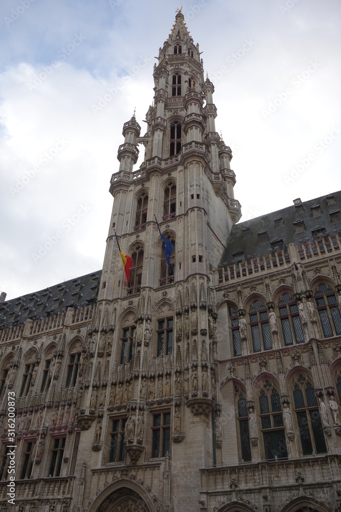 The Town Hall of the City of Brussels, Belgium, medieval Gothic building from the Middle Ages located on the famous Grand Place