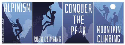 Mountain climbing and alpinism banners backgrounds set vector illustration.