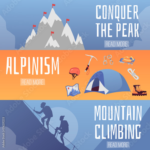 Mountain climbing and alpinism horizontal banners set vector illustration.
