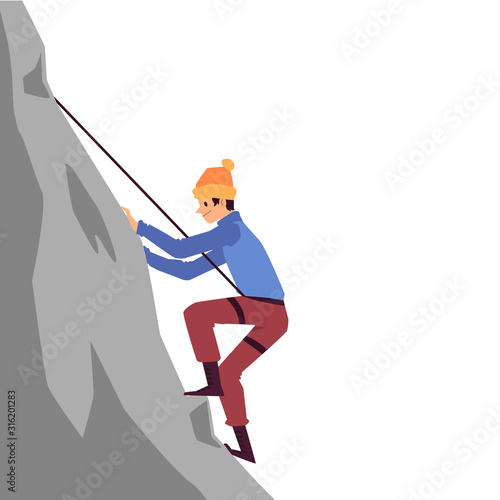 Mountaineering - climber conquering a peak, flat vector illustration isolated.