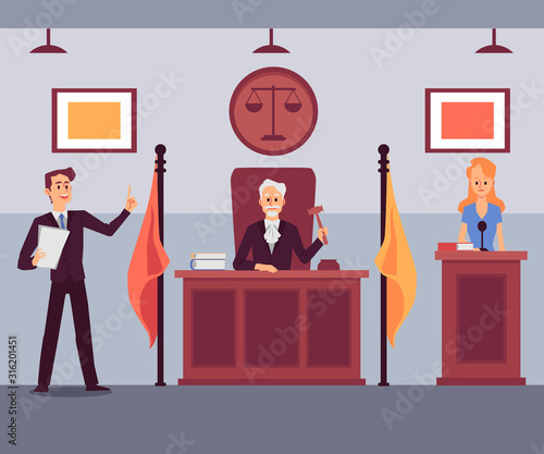 Courthouse scene with judge listening to attorney, flat cartoon vector illustration.