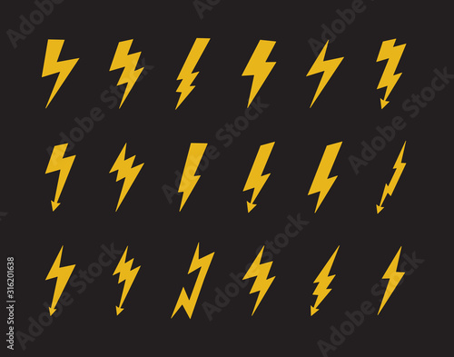 Yellow electric lightning icon set isolated on black background