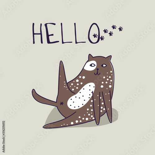 Cute cartoon cat says "Hello". Vector illustration card, beige background. Hand drown doodle, sketch.