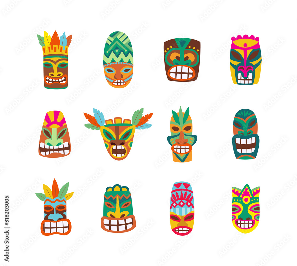 Colorful tiki mask set isolated on white background - vector illustration