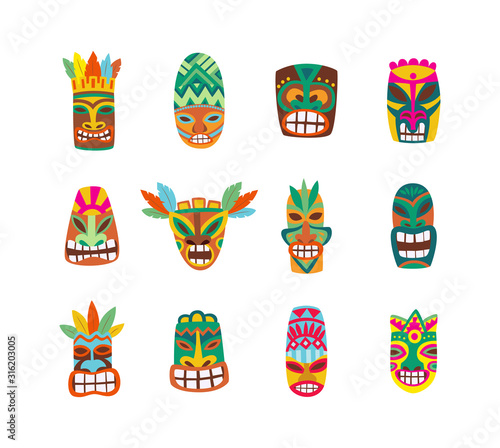 Colorful tiki mask set isolated on white background - vector illustration