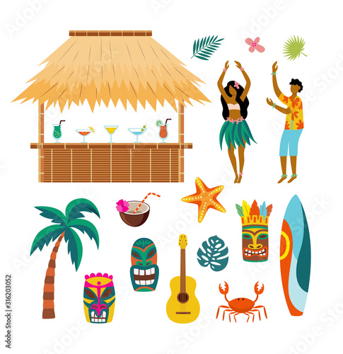 Tropical Hawaii summer vacation drawing set - tiki bar and people