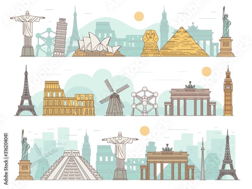 Famous international travel landmark banner set with tourist attractions
