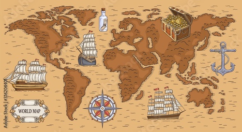 Fototapeta Naklejka Na Ścianę i Meble -  Ancient cartoon world map with sea ships and buried gold treasure