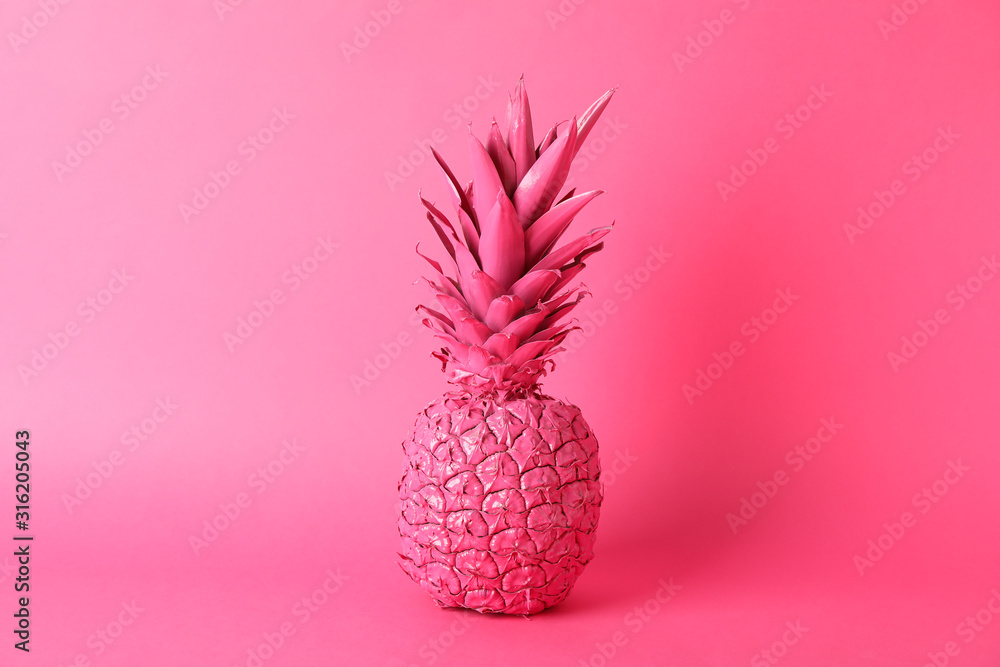 Fototapeta Painted pineapple on pink background, space for text