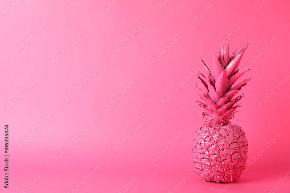 Fototapeta Painted pineapple on pink background, space for text