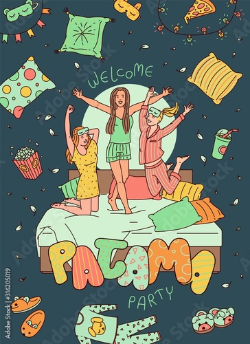 Slumber or sleepover party banner with characters, sketch vector illustrations.