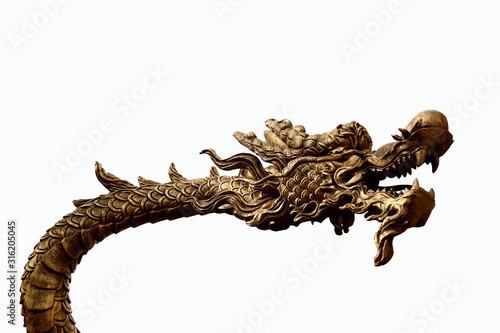 Head and neck of Asia golden dragon status. Traditional Legendary great lucky propitious animals of Asian China and Japan. Decoration of Chinese New Year.