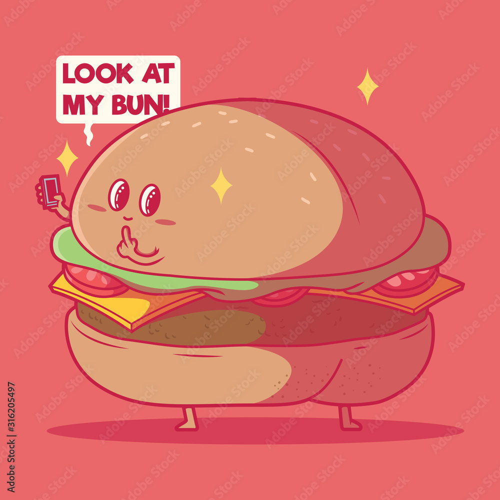 Naklejka premium Burger character looking sexy vector illustration. Fast food, social media, technology design concept