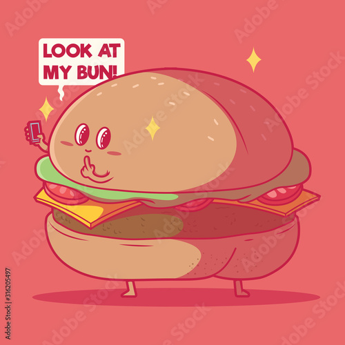 Burger character looking sexy vector illustration. Fast food  social media  technology design concept