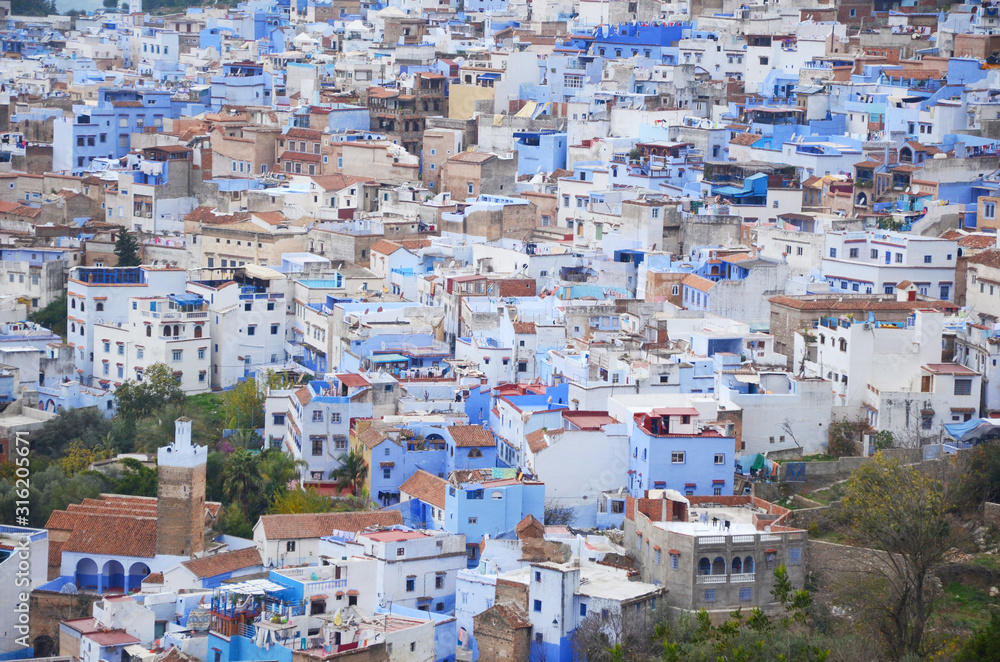 A view of the blue city of Chefchaouen in the Rif mountains, Morocco.