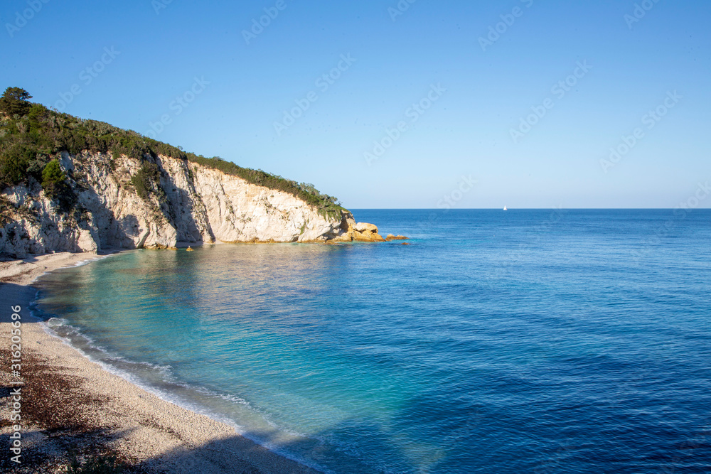 Aerial view of Padulella beach on december near Portoferraio. Elba island, Tuscany, Italy