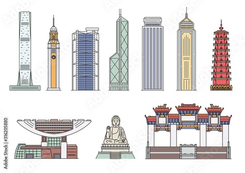 Landmark Hong Kong building icon set isolated on white background