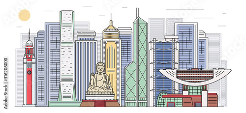 Hong Kong skyline with landmarks banner, cartoon sketch vector illustration.