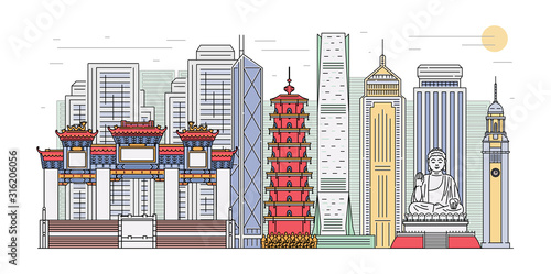 Hong Kong landmark cityscape banner isolated on white background
