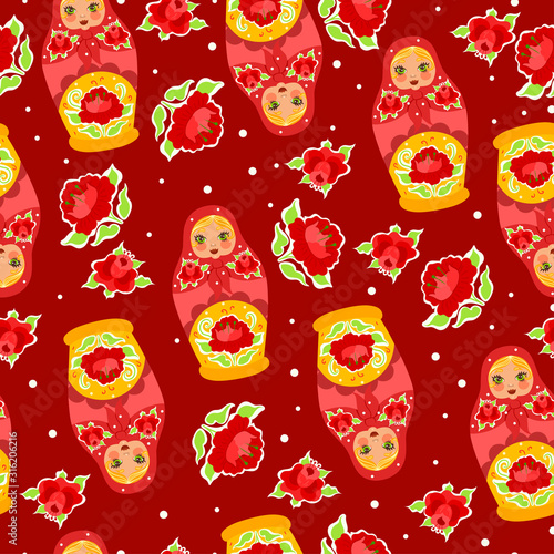 Seamless pattern with matrioshka dolls and flowers. Vector graphics.