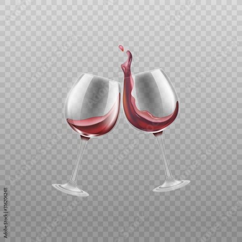 Two wine glasses with red splashing wine realistic vector illustration isolated.