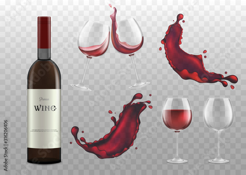 Red wine bottle, glasses and splashes, vector illustration mockup isolated.