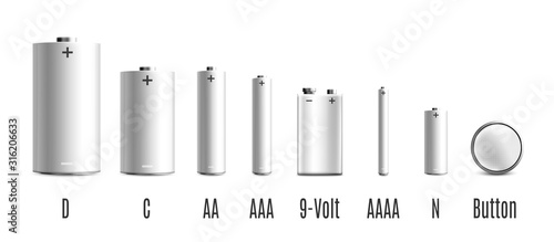 Mockup set of battery in various sizes realistic vector illustration isolated.
