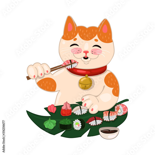 Cat eats sushi and rolls Isolated on a white background. Vector graphics.