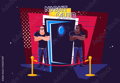 Vector illustration of two security guards standing at night at the entrance to the half-open door of a night club, a barrier in front of the entrance, face control