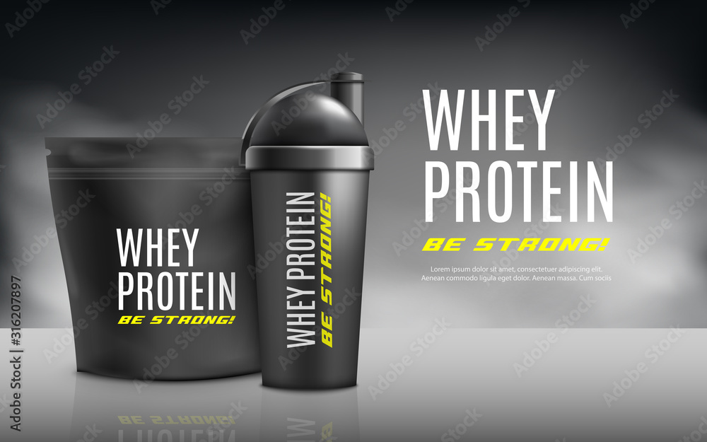 Whey protein advertising banner template 3d realistic vector illustration.