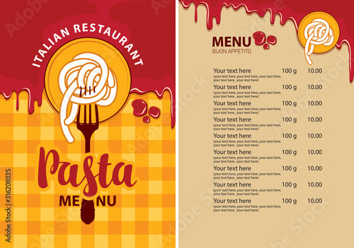 Vector menu for Italian restaurant with pasta on a fork, price list and ketchup drops on the background of checkered tablecloth. Pasta menu in flat style