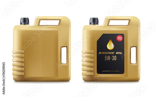 Golden brown engine oil canister mockup with and without label