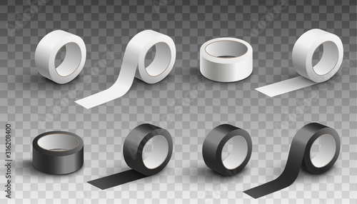 Set of scotch tape rolls in various angles realistic vector illustration isolated.