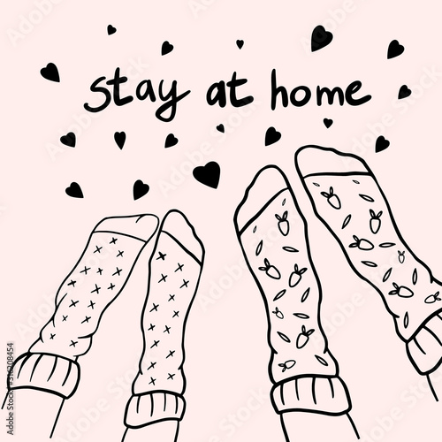 Two pairs of legs. Lovers. Stay at home. Drawing of cosiness and love. Linear doodle illustration.