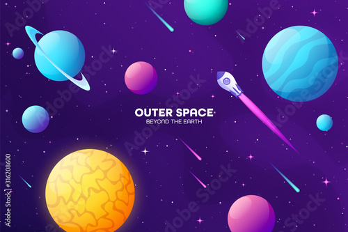 Space futuristic modern colorful background with rocket. Starship, spaceship in night sky. Solar system, galaxy and universe exploration. Vector illustration.
