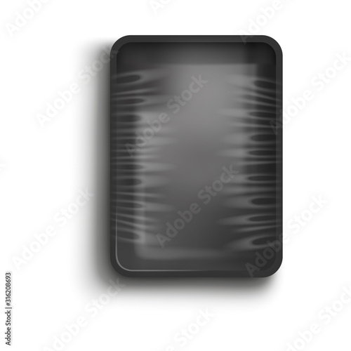Black container with cling film cover, realistic vector illustration isolated.