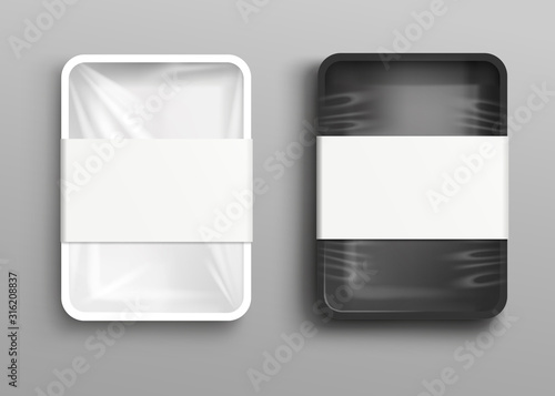 Cellophane-covered food tray or storage package, realistic vector mockup isolated.