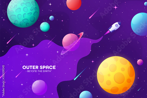 Space futuristic modern colorful background with rocket. Starship, spaceship in night sky. Solar system, galaxy and universe exploration. Vector illustration.