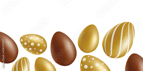 Ester banner or border with chocolate and gold egs, realistic vector illustration.