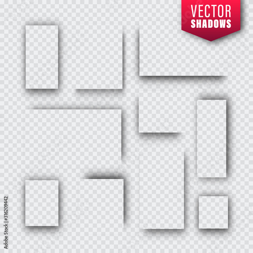 Vector shadows set on transparent background. Realistic isolated shadow. Page divider. Vector illustration.
