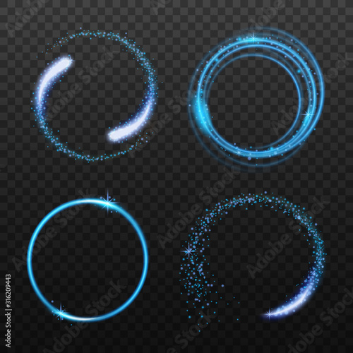 Set of neon blue circle light effects realistic vector illustrations isolated.