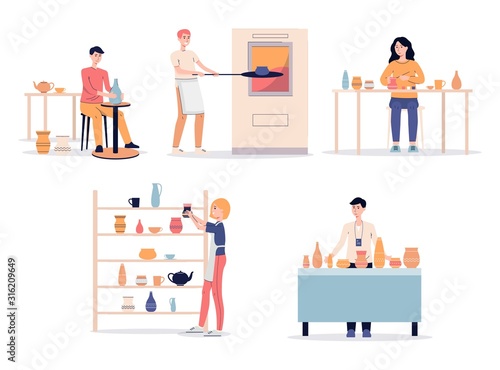 Cartoon people in pottery studio - set of clay ceramic crockery making process.
