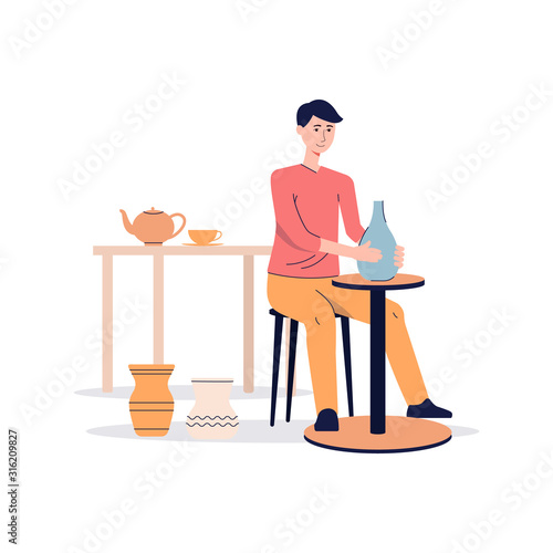 Ceramist making clay vase on pottery wheel, flat vector illustration isolated.