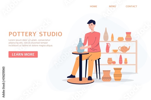 Pottery studio banner with cartoon man making ceramic clay vase