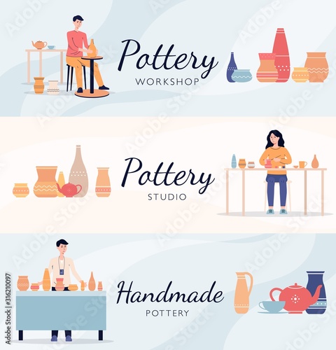 Set of banners with pottery making people characters, flat vector illustration.