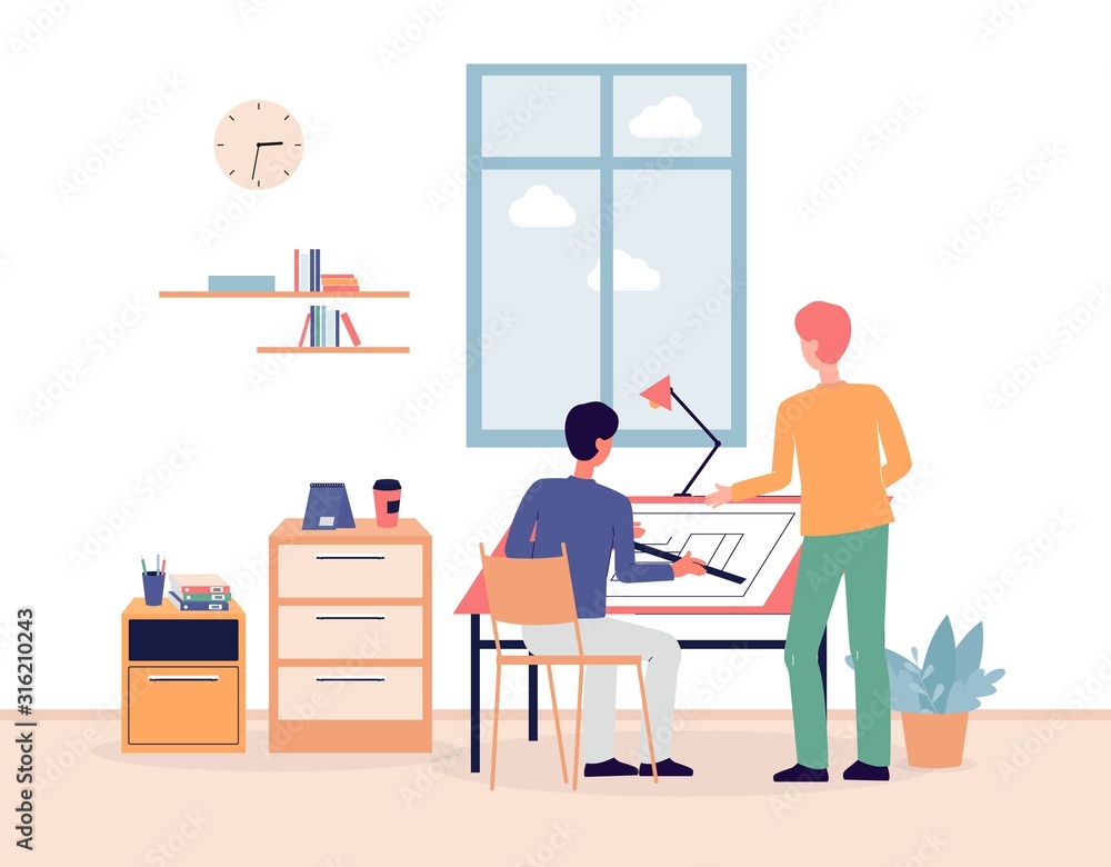 Obraz premium Architectural agency with people working on project, flat vector illustration.